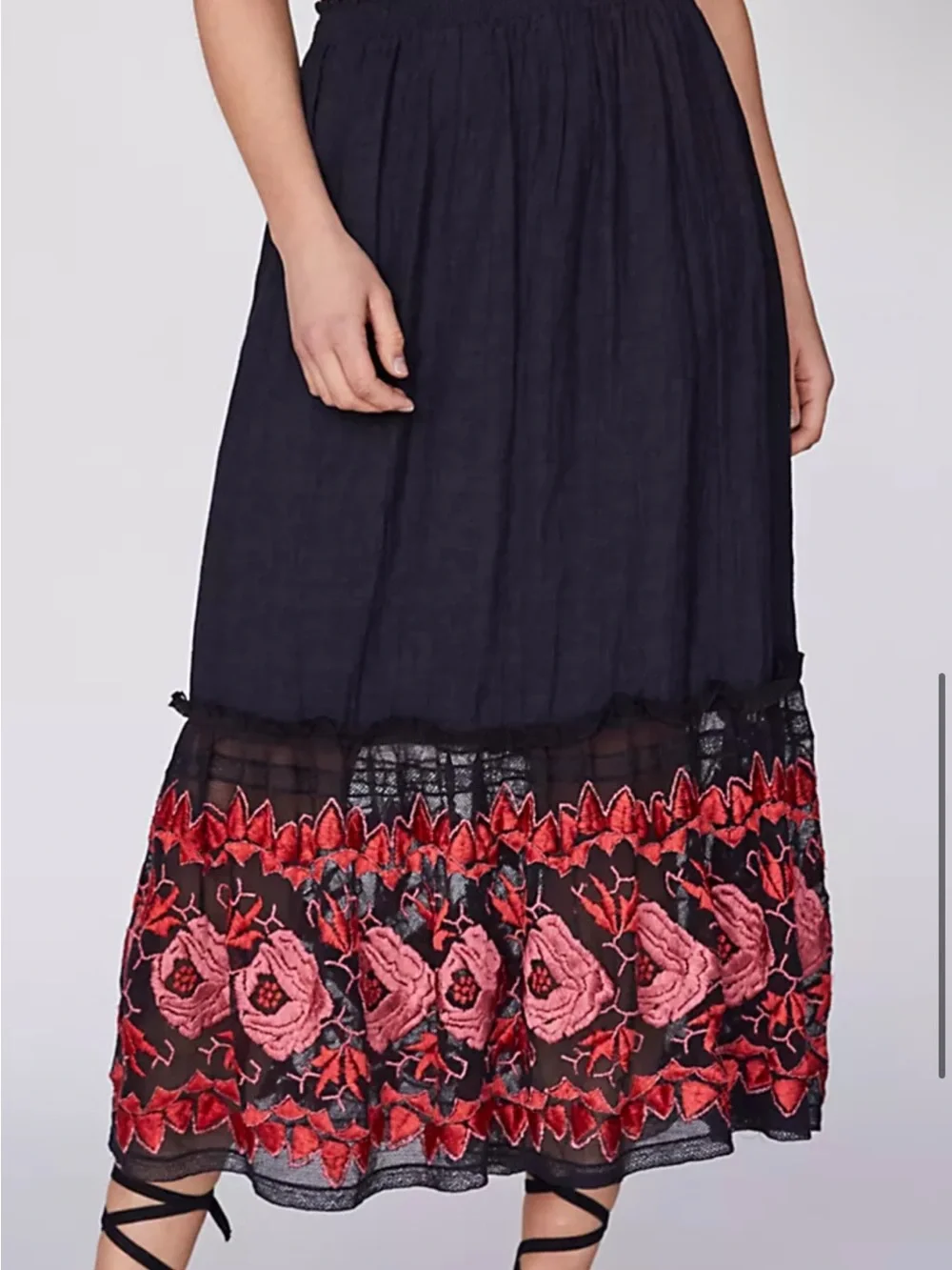 Free People Embroidered Black Midi Skirt with Red Floral Hem